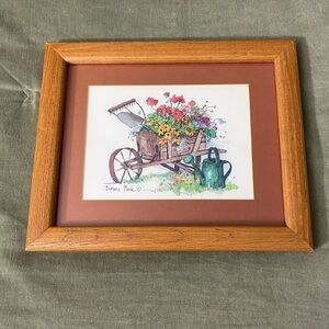 Barbara Mock art framed wall hanging wheelbarrow flowers OSP